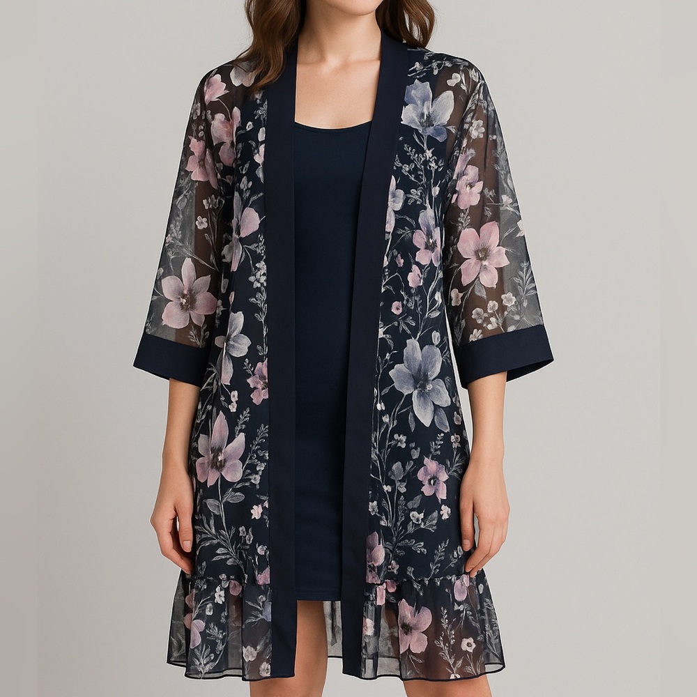 🆕 R&M Richards 22W Navy Pink Floral Mesh Jacket Kimono Cardigan Duster Plus Size - Picture 1 of 16